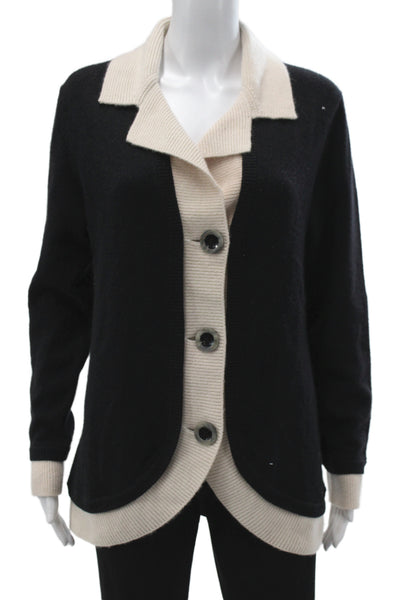 Searle Women Black 100% Cashmere Collared Cardigan Long Sleeve Size L