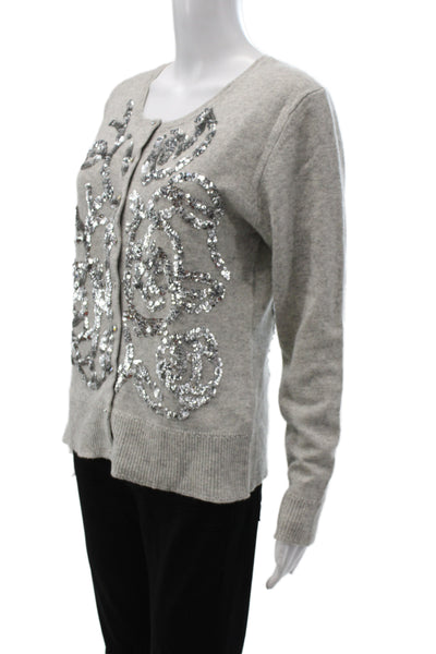 Charlotte Tarantola Women Gray Cashmere Floral Cardigan Long Sleeve Size XL