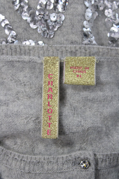 Charlotte Tarantola Women Gray Cashmere Floral Cardigan Long Sleeve Size XL