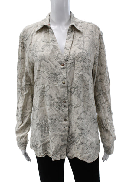 Johnny Was Womens Floral Beige Collared Tunic Button-Up Long Sleeve Size M