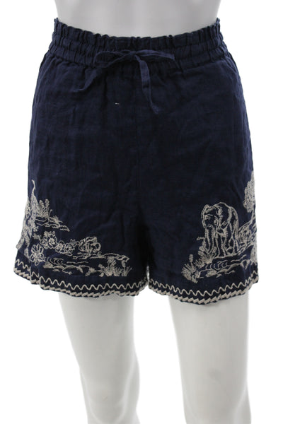 Johnny Was Women Paperbag Linen Shorts Blue Drawstring Solid Animal Size S