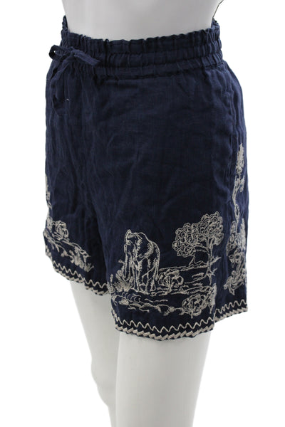 Johnny Was Women Paperbag Linen Shorts Blue Drawstring Solid Animal Size S