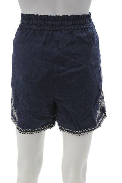 Johnny Was Women Paperbag Linen Shorts Blue Drawstring Solid Animal Size S