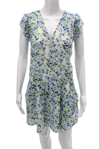 Yumi Kim Womens Mini Floral V-Neck Short Sleeve Blue Dress Size XS