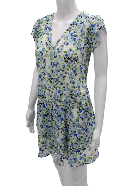 Yumi Kim Womens Mini Floral V-Neck Short Sleeve Blue Dress Size XS