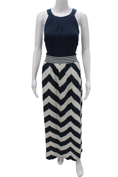 Vineyard Vines Women Maxi Dress Blue Silk Chevron Sleeveless Zip Neck Size L