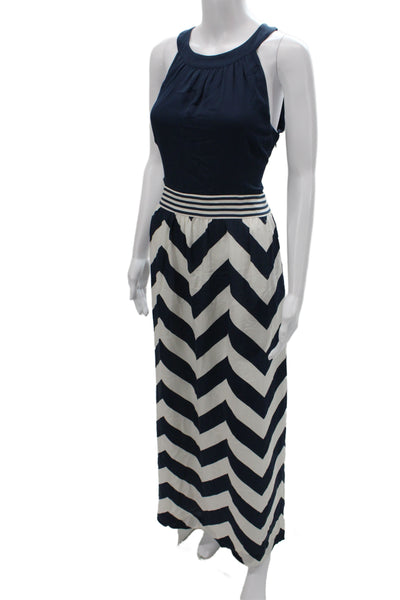 Vineyard Vines Women Maxi Dress Blue Silk Chevron Sleeveless Zip Neck Size L
