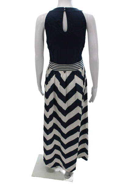 Vineyard Vines Women Maxi Dress Blue Silk Chevron Sleeveless Zip Neck Size L