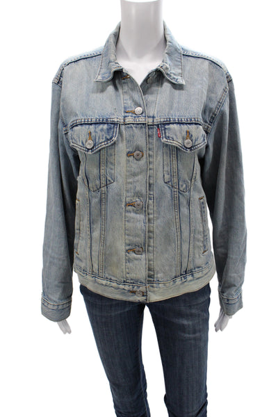 Levis Women Blue Cotton Basic Jacket Long Sleeve Button Size M
