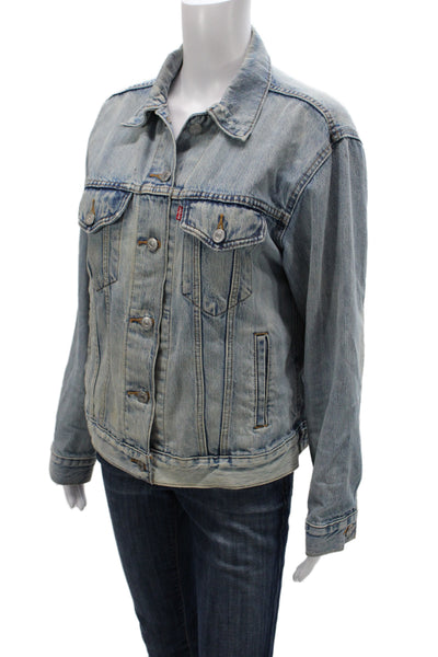Levis Women Blue Cotton Basic Jacket Long Sleeve Button Size M