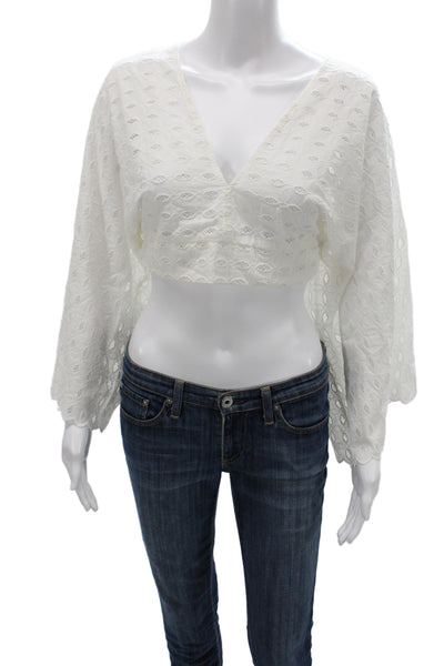Exetera Women Cropped V-Neck Geometric Blouse 3/4 Sleeve White Size 40