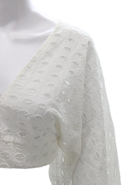 Exetera Women Cropped V-Neck Geometric Blouse 3/4 Sleeve White Size 40