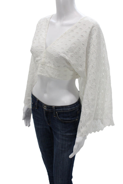 Exetera Women Cropped V-Neck Geometric Blouse 3/4 Sleeve White Size 40