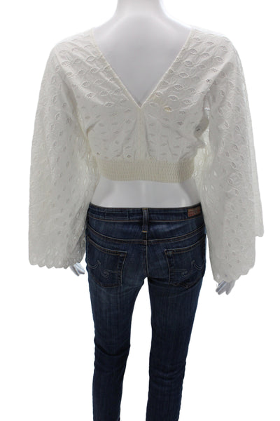Exetera Women Cropped V-Neck Geometric Blouse 3/4 Sleeve White Size 40
