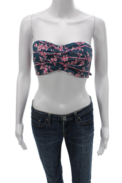Free People Women Cropped Floral Off Shoulder Cotton Blouse Blue Size S