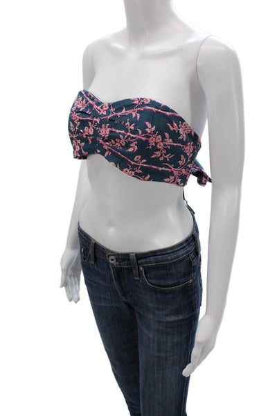 Free People Women Cropped Floral Off Shoulder Cotton Blouse Blue Size S