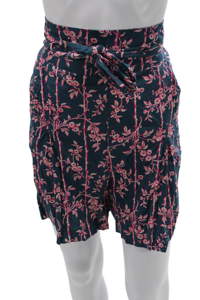 Free People Women Paperbag Floral Linen Blend Blue Tie Waist Shorts Size S