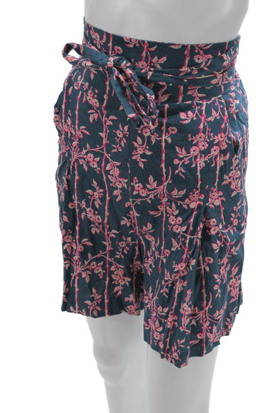 Free People Women Paperbag Floral Linen Blend Blue Tie Waist Shorts Size S