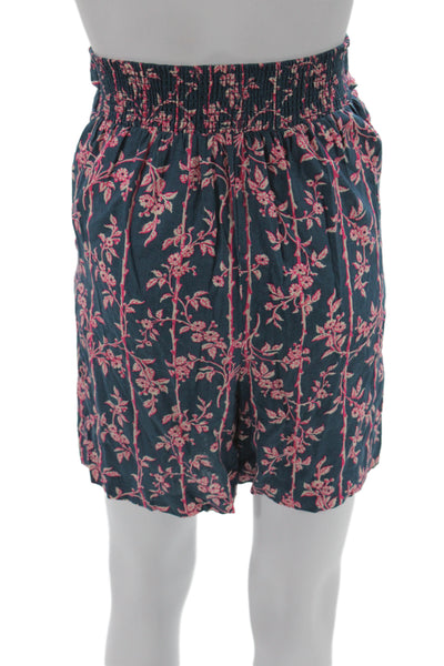 Free People Women Paperbag Floral Linen Blend Blue Tie Waist Shorts Size S