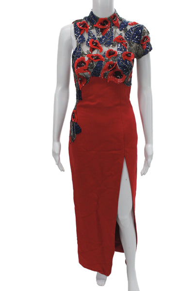 J. Mendel Women Sheath Midi Red Tulle Floral High Neck Short Sleeve Zip Size 4