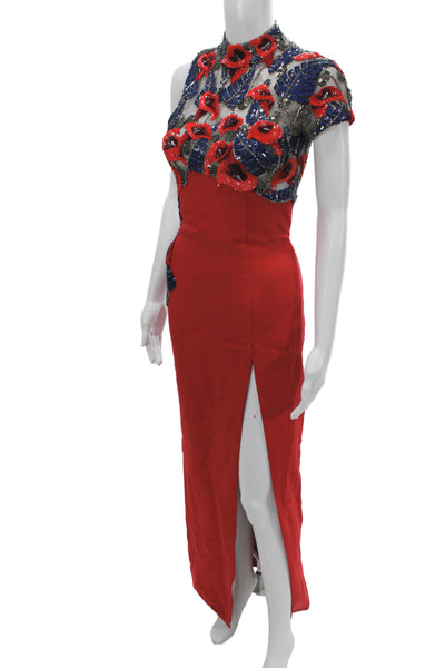 J. Mendel Women Sheath Midi Red Tulle Floral High Neck Short Sleeve Zip Size 4