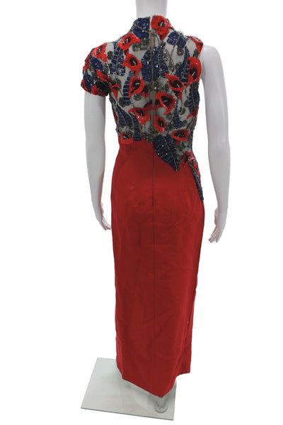 J. Mendel Women Sheath Midi Red Tulle Floral High Neck Short Sleeve Zip Size 4