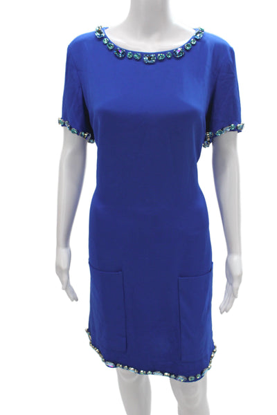 CD Greene Womens Shift Dress Blue Short Sleeve Round Neck Zip Jeweled Size M