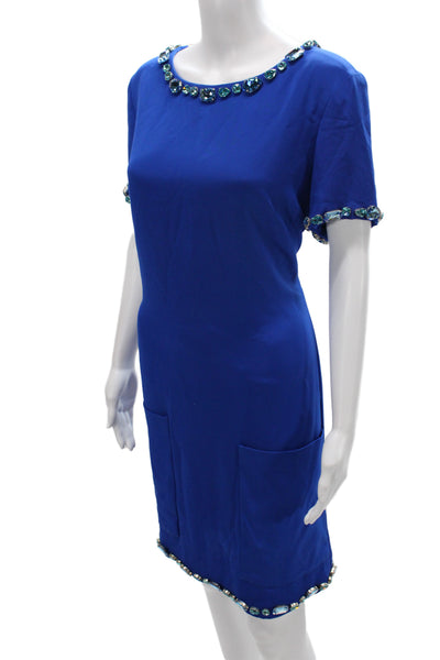 CD Greene Womens Shift Dress Blue Short Sleeve Round Neck Zip Jeweled Size M