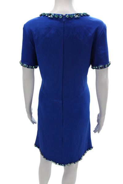 CD Greene Womens Shift Dress Blue Short Sleeve Round Neck Zip Jeweled Size M