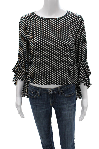 Milly Women Cropped Black Silk Polka Dot Blouse 3/4 Sleeve Button Size 2