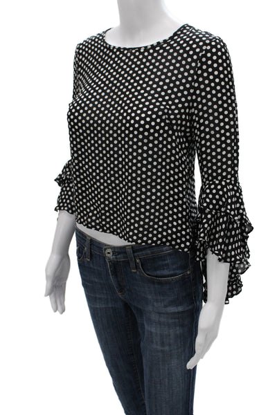 Milly Women Cropped Black Silk Polka Dot Blouse 3/4 Sleeve Button Size 2