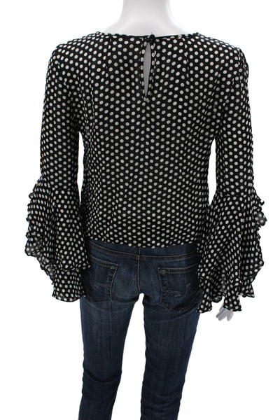 Milly Women Cropped Black Silk Polka Dot Blouse 3/4 Sleeve Button Size 2