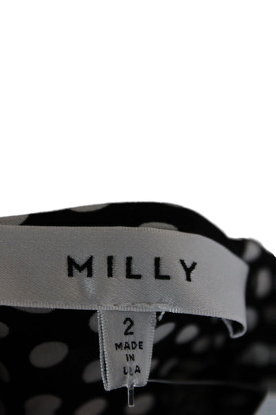 Milly Women Cropped Black Silk Polka Dot Blouse 3/4 Sleeve Button Size 2