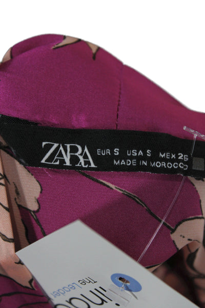 Zara Women Pink Floral Collared Long Sleeve Button Cuff Polyester Blouse Size S