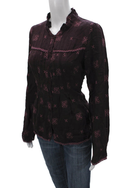Johnny Was Women Tunic Blouse Purple Floral Collared Long Sleeve Rayon Size S