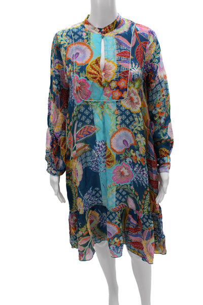 Johnny Was Women Shift Dress Multicolor Long Sleeve Henley Cupra Rayon Size XS