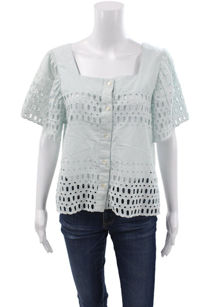 Calypso Saint Barth Womens Blue Cotton Square Neck Short Sleeve Blouse Size S