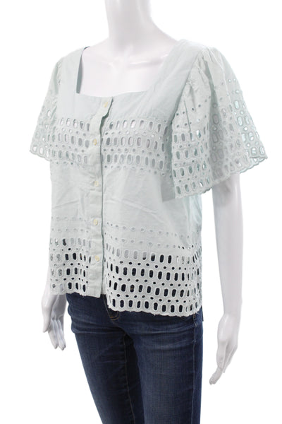 Calypso Saint Barth Womens Blue Cotton Square Neck Short Sleeve Blouse Size S