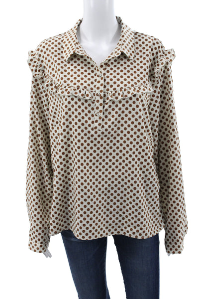 Magasin Du Nord Women Beige Polka Dot Collar Button Long Sleeve Blouse Size L