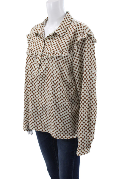 Magasin Du Nord Women Beige Polka Dot Collar Button Long Sleeve Blouse Size L