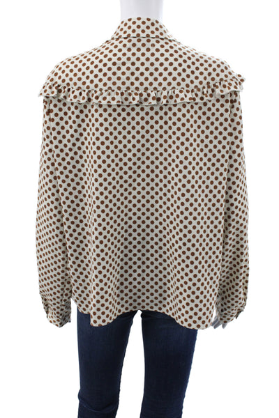 Magasin Du Nord Women Beige Polka Dot Collar Button Long Sleeve Blouse Size L