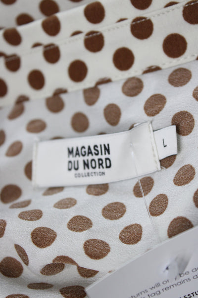 Magasin Du Nord Women Beige Polka Dot Collar Button Long Sleeve Blouse Size L