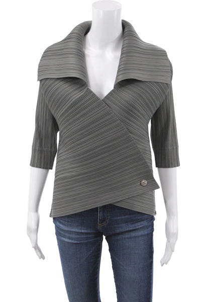 Vanite Couture Women Gray V-Neck Tunic Blouse 3/4 Sleeve Button Size M