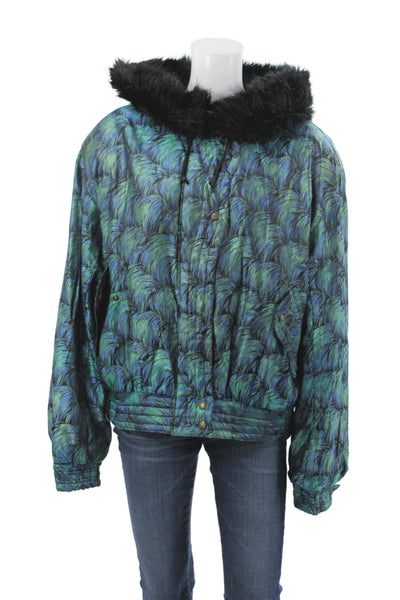 Skea Women Puffer Jacket Blue Nylon Snap Geometric Winter Size 12