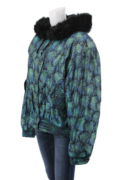 Skea Women Puffer Jacket Blue Nylon Snap Geometric Winter Size 12
