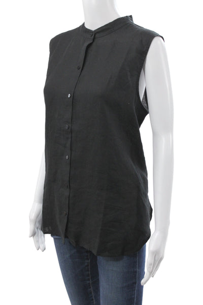 Eileen Fisher Women Sleeveless Organic Linen Collared Blouse Black Size XL