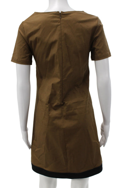 Paola Zuin Women Shift Dress Brown Scoop Neck Short Sleeve Cotton Size 40
