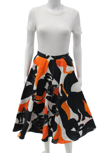 Sara Roka Womens A-Line Midi Skirt Black Cat Animal Print 100% Cotton Size 40