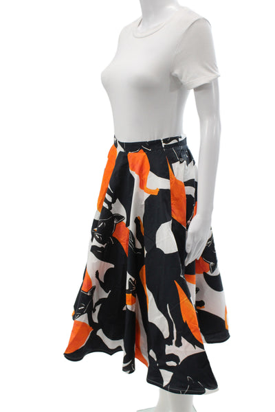 Sara Roka Womens A-Line Midi Skirt Black Cat Animal Print 100% Cotton Size 40