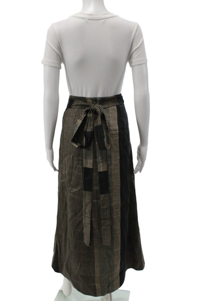 Sara Roka Womens Black Striped Linen Wrap Skirt Long Size 40
